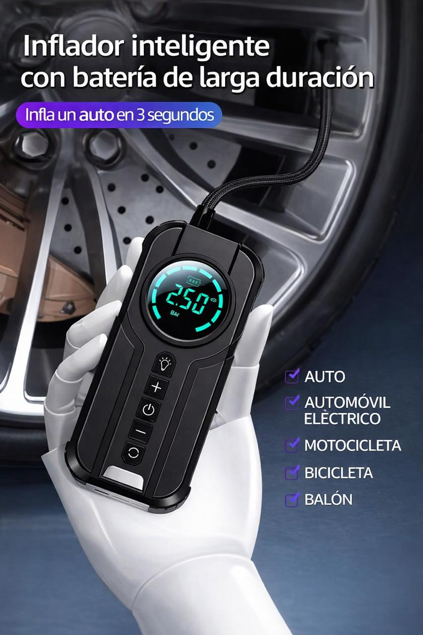 Compresor de Aire + Acople Portátil 3669 / Con Linterna 4 En 1 - Negro